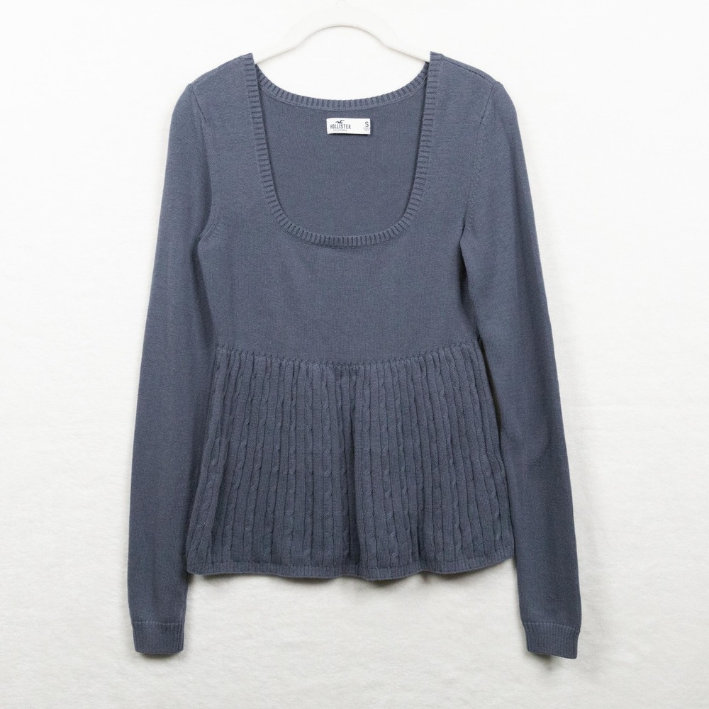 HOLLISTER Babydoll Square Neck Cable Knit Sweater Y2K Bella Swan Slate Blue Sz S
